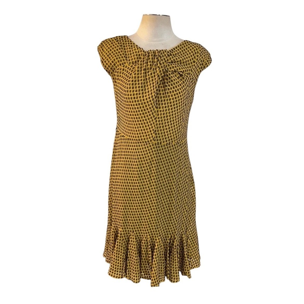 Eva Franco Career Dress Womens Size‎ 4 Yellow Black Print Ruffle Hem Cap Sleeve